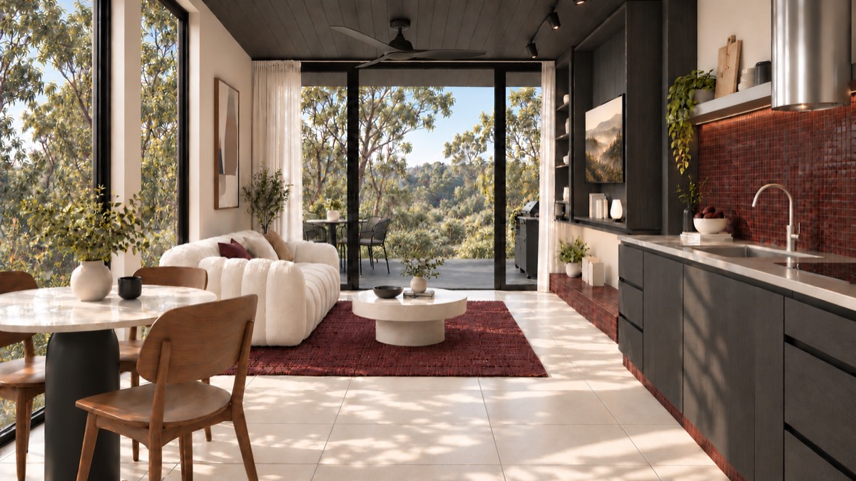 The living room of SOLUM Studio in Burgundy, with dark oak joinery