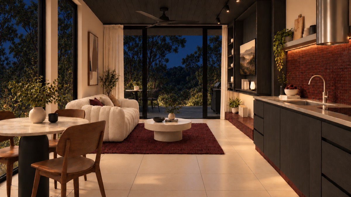The living room of SOLUM Studio in Burgundy, with dark oak joinery, after dark