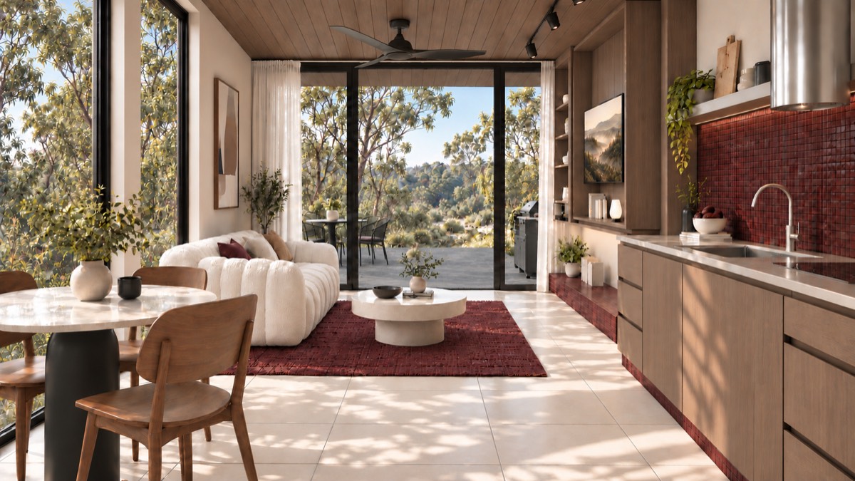 The living room of SOLUM Studio in Burgundy, with raw walnut joinery