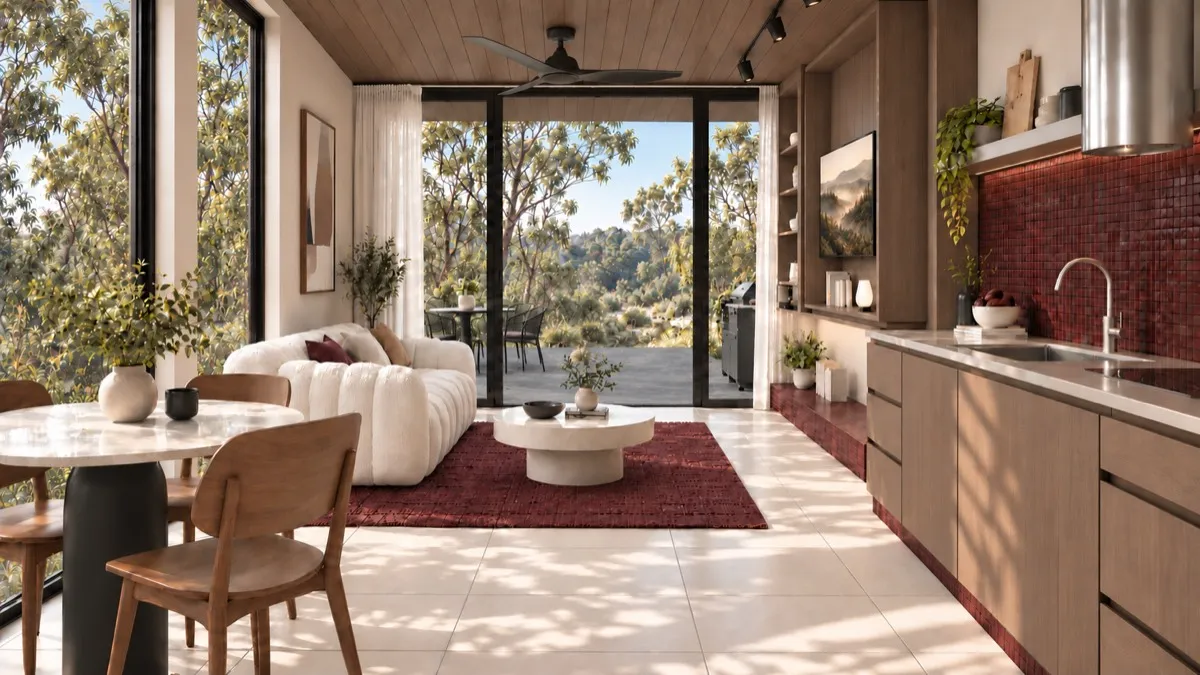 The living room of SOLUM Studio in Burgundy, with raw walnut joinery