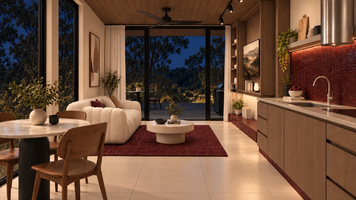 The living room of SOLUM Studio in Burgundy, with raw walnut joinery, after dark