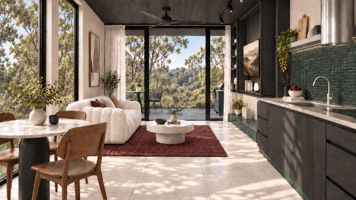 The living room of SOLUM Studio in Sage, with dark oak joinery