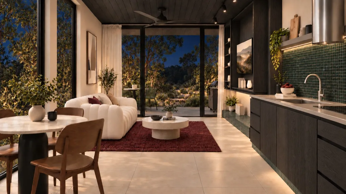 The living room of SOLUM Studio in Sage, with dark oak joinery, after dark