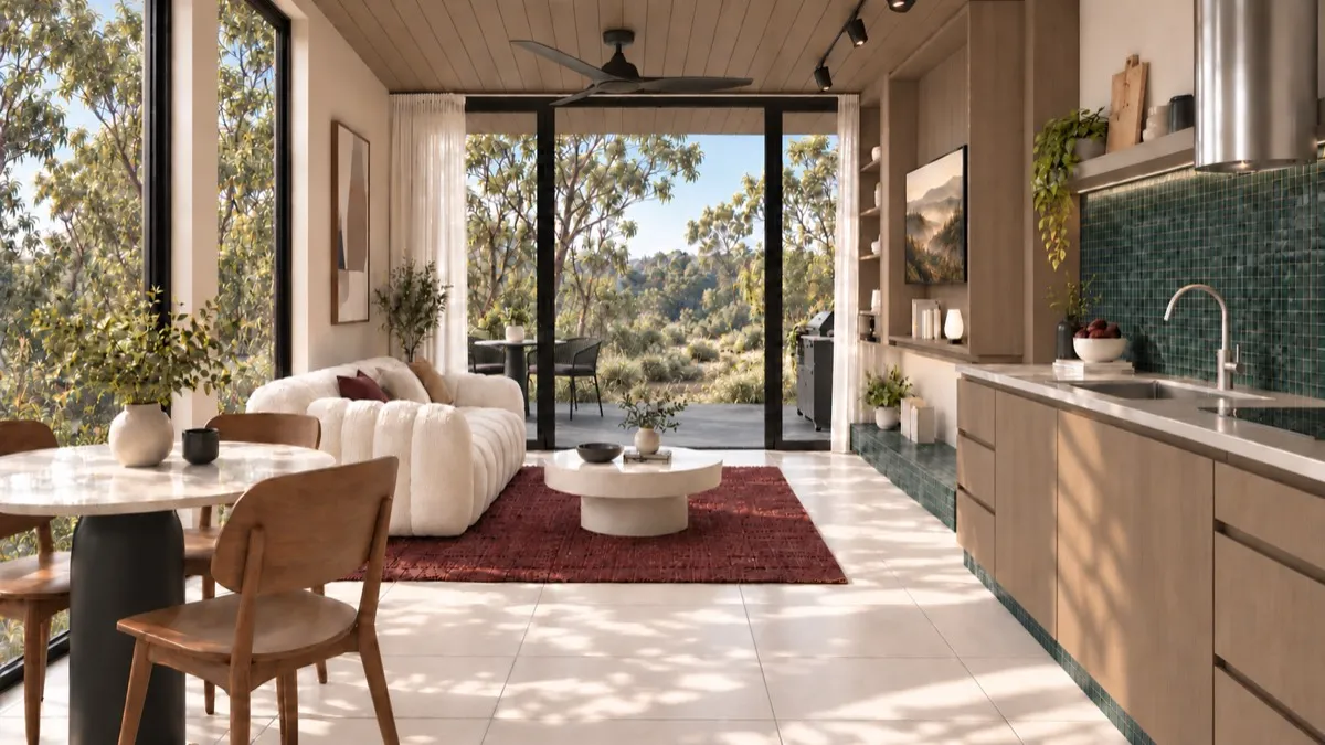 The living room of SOLUM Studio in Sage, with raw walnut joinery