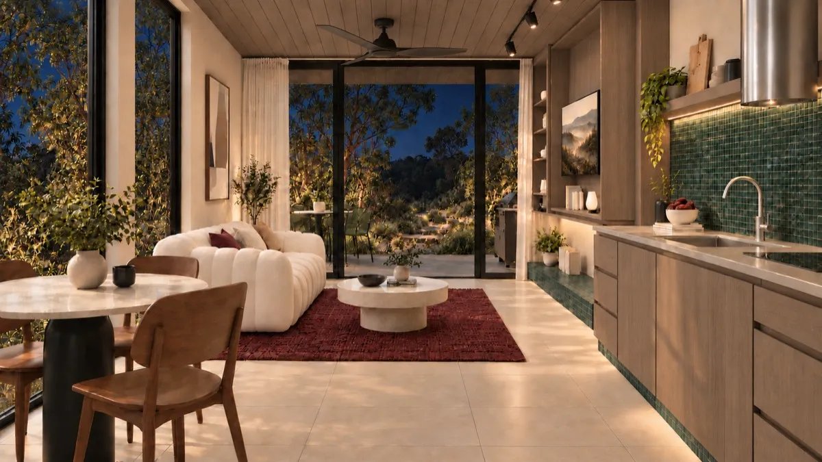 The living room of SOLUM Studio in Sage, with raw walnut joinery, after dark