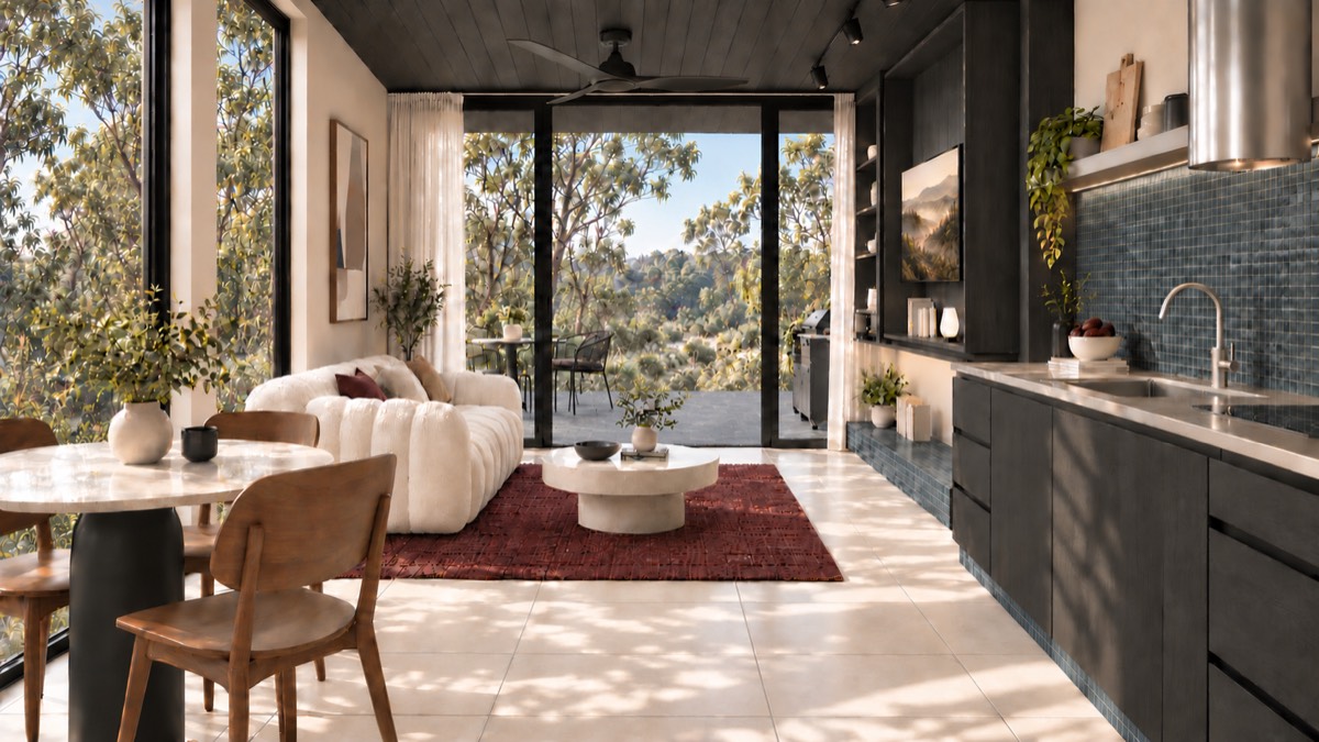 The living room of SOLUM Studio in Tide, with dark oak joinery