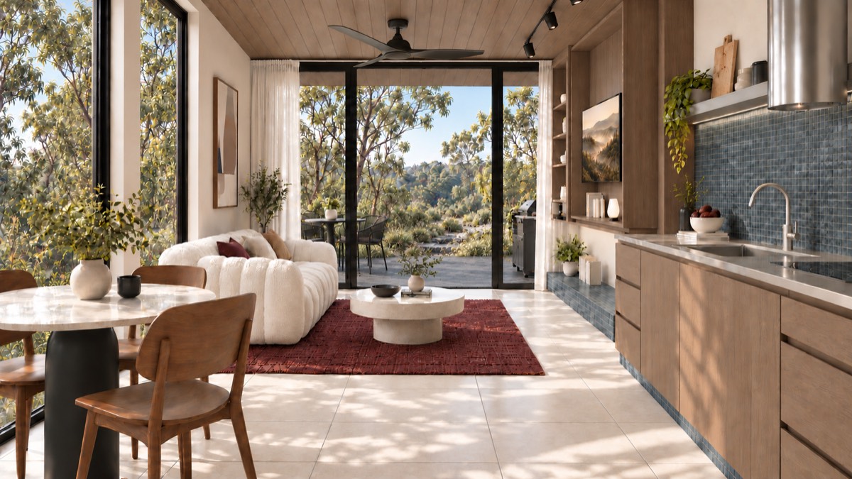 The living room of SOLUM Studio in Tide, with raw walnut joinery