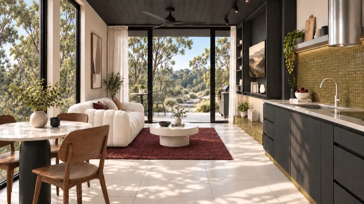 The living room of SOLUM Studio in Vine, with dark oak joinery