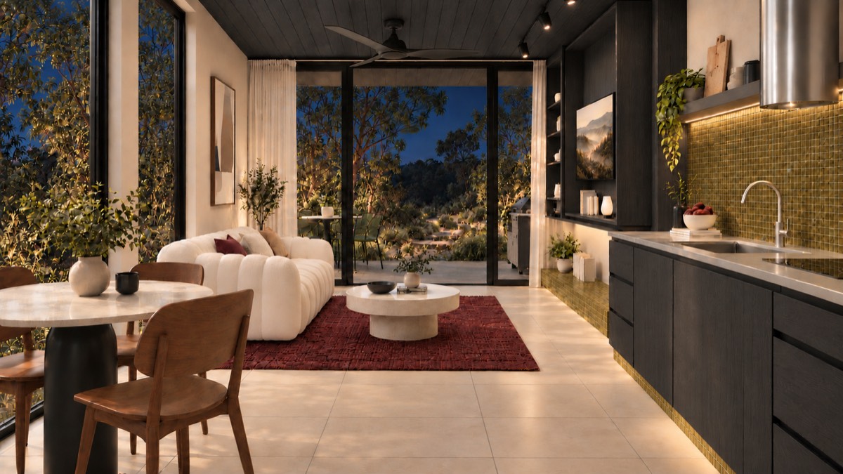 The living room of SOLUM Studio in Vine, with dark oak joinery, after dark