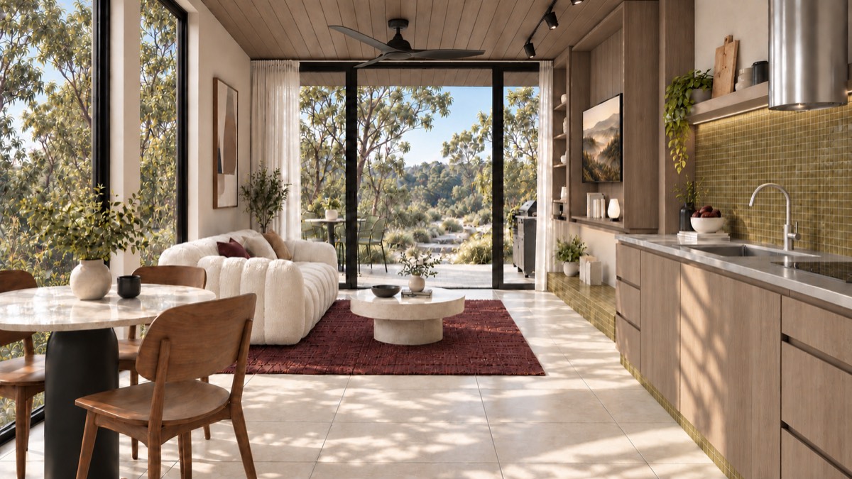 The living room of SOLUM Studio in Vine, with raw walnut joinery