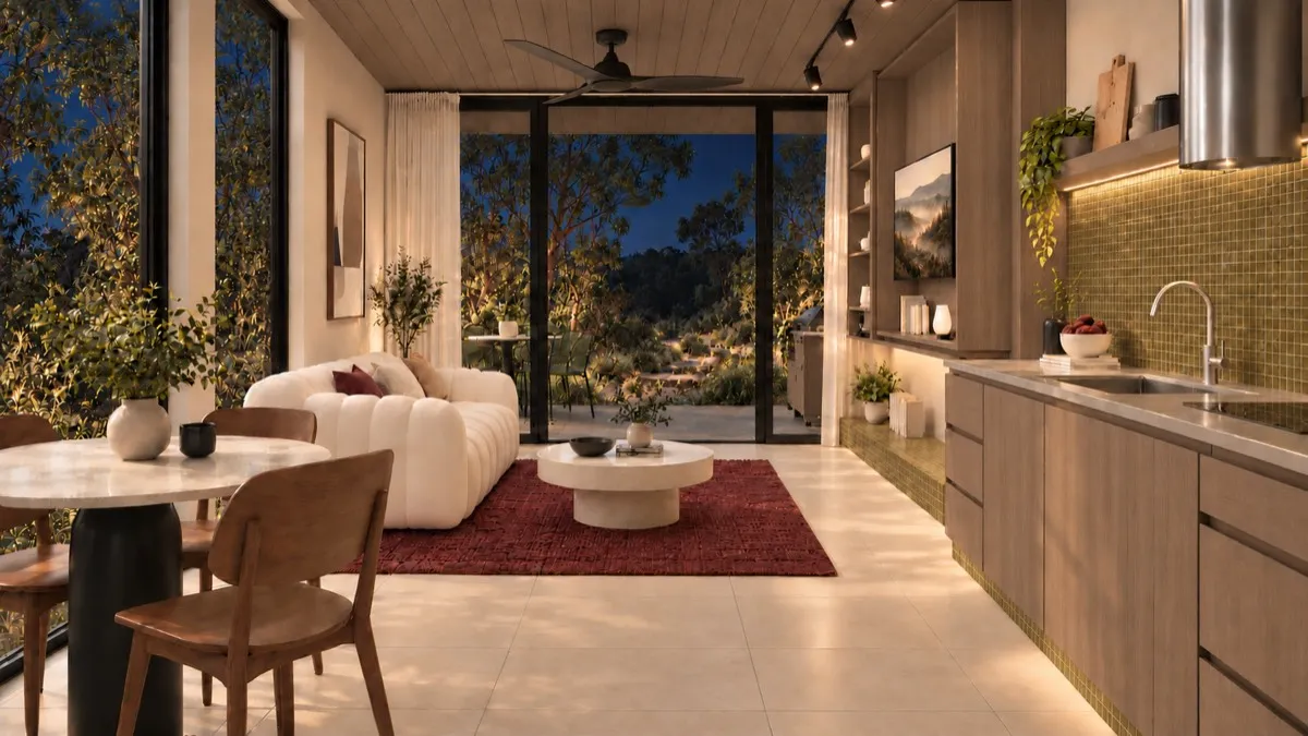 The living room of SOLUM Studio in Vine, with raw walnut joinery, after dark